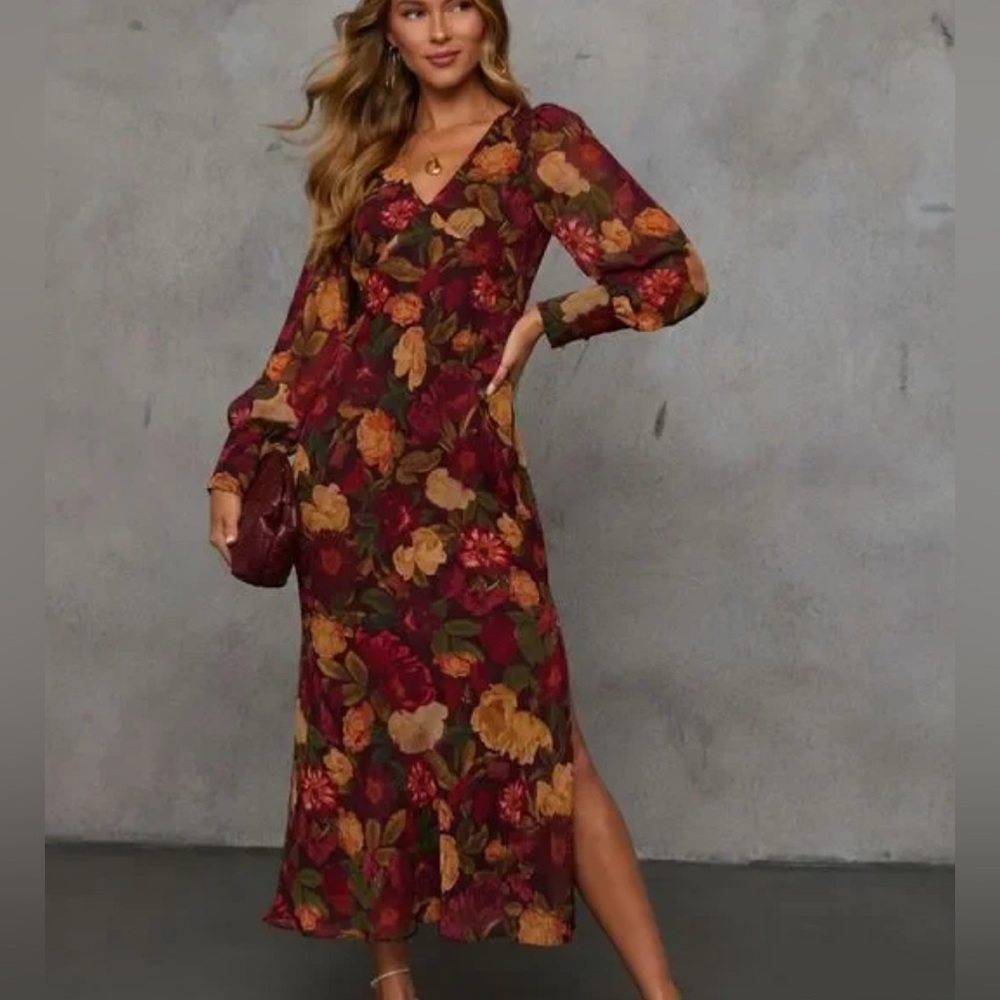 Vici Floral Print Midi Dress Burgundy